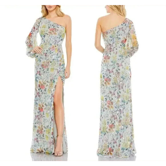 NEW $598 Mac‎ Duggal 93747 Sequined Floral One Sleeve Faux Wrap Gown SZ 16 - Picture 1 of 5